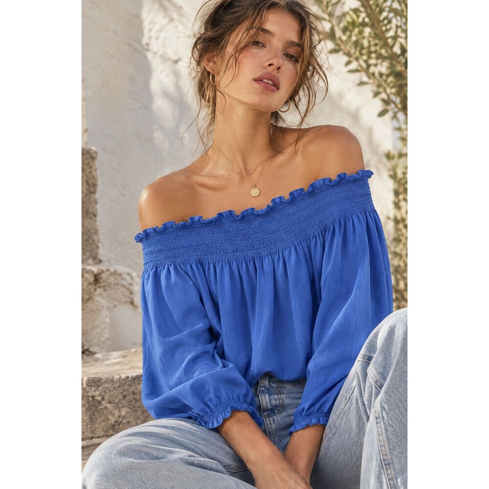 Ann Taylor Large Blue Smocked Peasant Blouse Off Shoulder Boho Long Sleeve